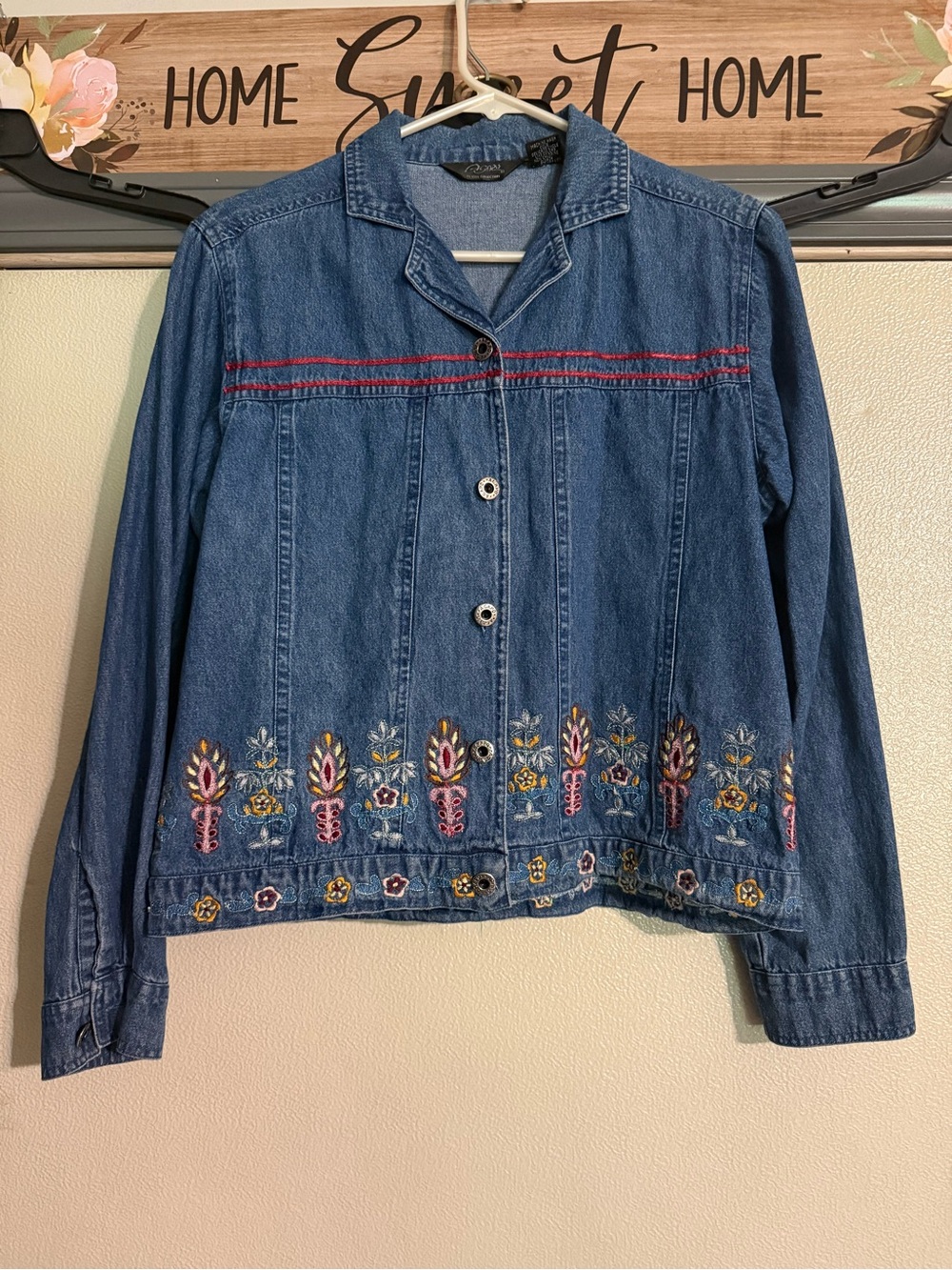 Vintage Embroidered Blue Denim Jacket with Floral Border